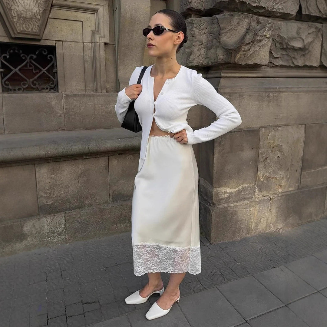Damen eleganter Satin-Rock mit floralen Spitzenakzenten Drune