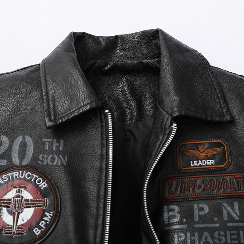 Herren Pilotenjacke aus Kunstleder mit Emblem-Patches, Pattentaschen und Rippbündchen Drune
