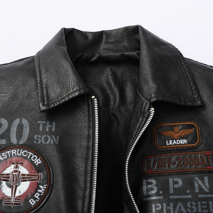 Herren Pilotenjacke aus Kunstleder mit Emblem-Patches, Pattentaschen und Rippbündchen Drune