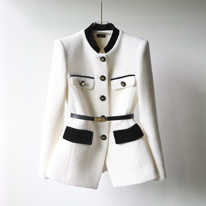 Damen Elegante Bouclé-Blazerjacke mit Samtbesatz und Taillengürtel Drune