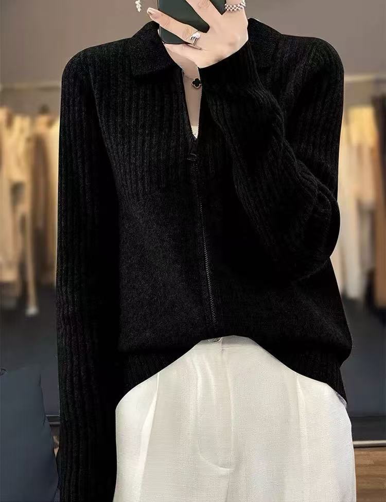 Damen gemütlicher Strickcardigan mit Reißverschluss und feinem Rippmuster Drune
