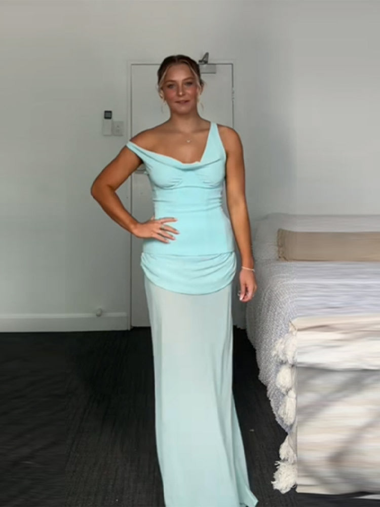 Damen elegantes Maxikleid mit Raffungen und asymmetrischem Ausschnitt Drune