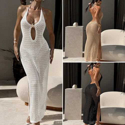 Damen Häkel-Strandkleid mit schickem Lochmuster und tiefem V-Ausschnitt Drune