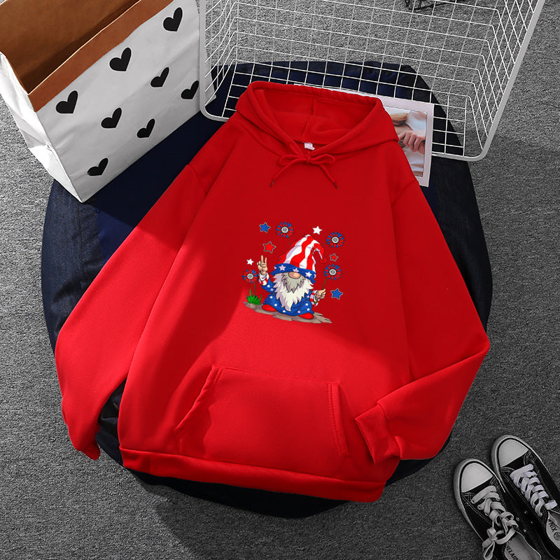 Damen nan Kapuzenpullover mit patriotischem Gartenzwerg-Print, angerautem Fleece-Innenfutter, Oversize-Schnitt und Kängurutasche Drune