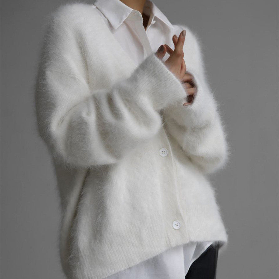 Damen Flauschiger Oversize-Knopfcardigan mit tiefem V-Ausschnitt und Eingrifftaschen Drune