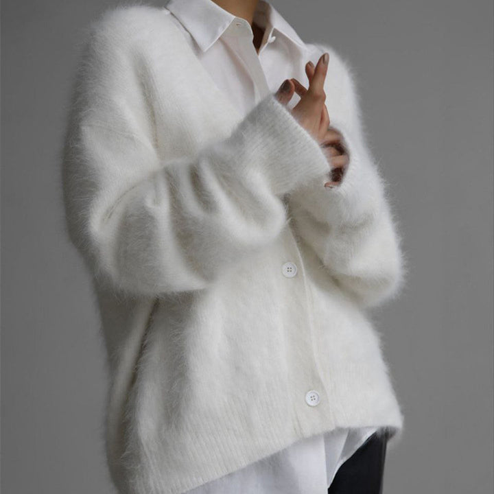 Damen Flauschiger Oversize-Knopfcardigan mit tiefem V-Ausschnitt und Eingrifftaschen Drune