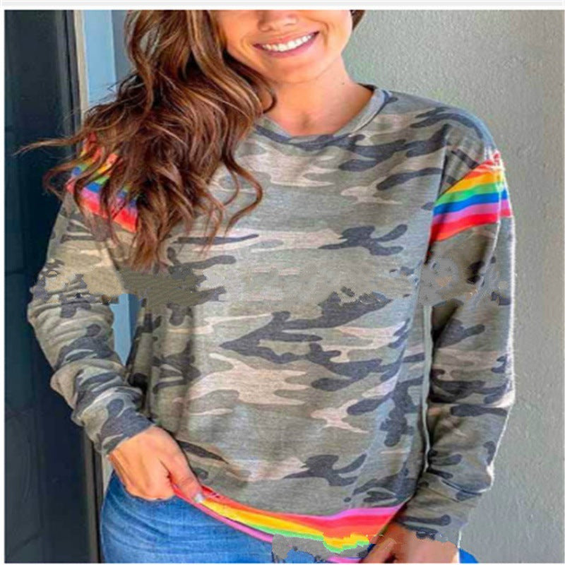 Damen Camouflage Sweatshirt mit kontrastierenden Streifen und Rundhalsausschnitt Drune