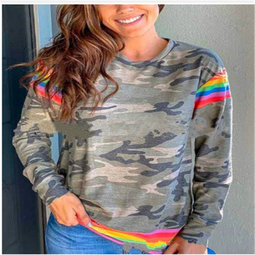 Damen Camouflage Sweatshirt mit kontrastierenden Streifen und Rundhalsausschnitt Drune
