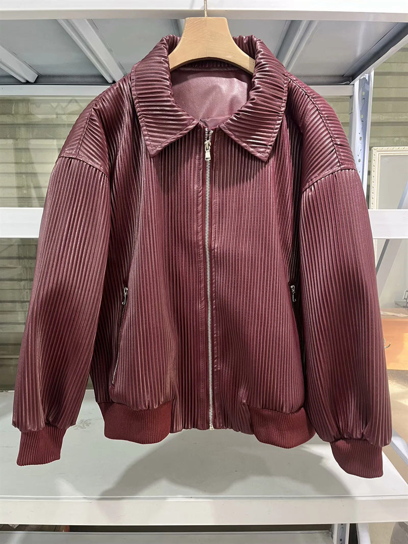 Damen nan plissierte Kunstleder-Bomberjacke mit Reißverschluss, Hemdkragen und elastischen Rippbündchen Drune