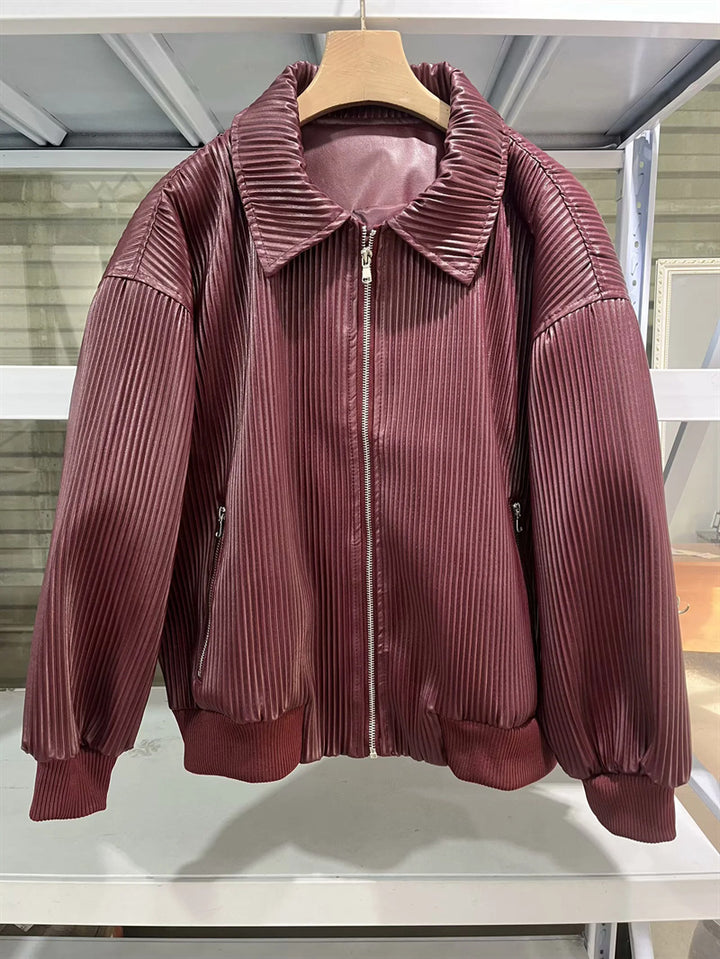 Damen nan plissierte Kunstleder-Bomberjacke mit Reißverschluss, Hemdkragen und elastischen Rippbündchen Drune