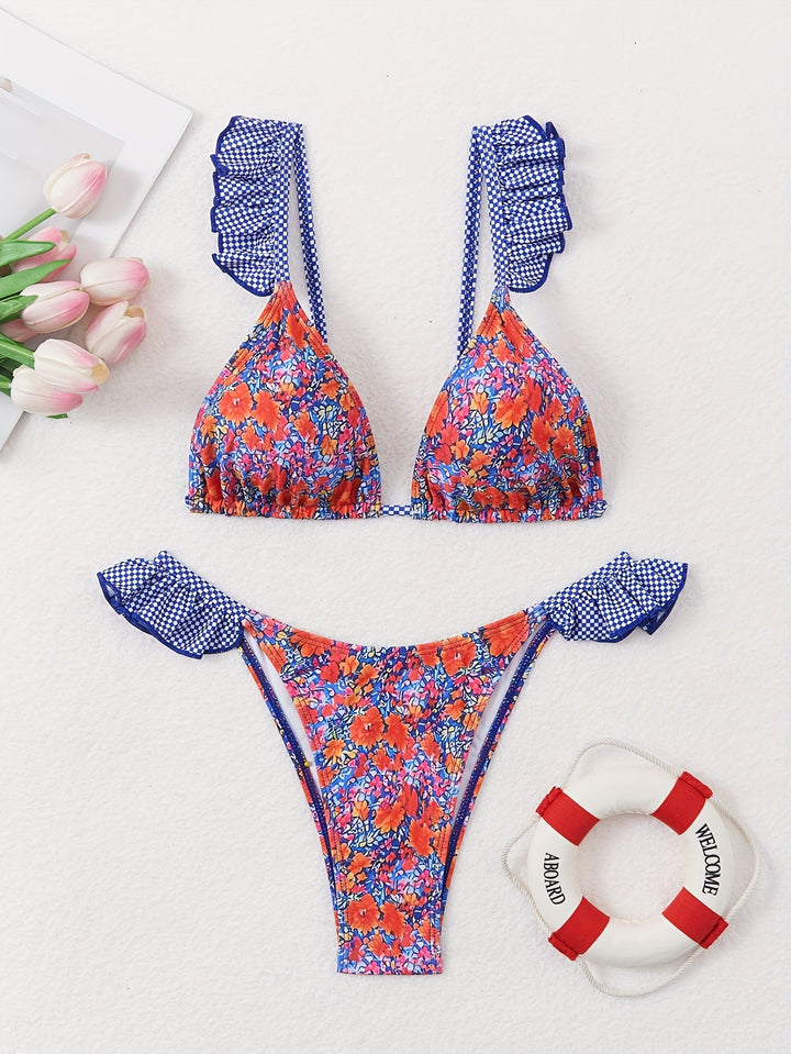 Damen Triangel-Bikini mit verspielten Rüschendetails und floralem Muster Drune