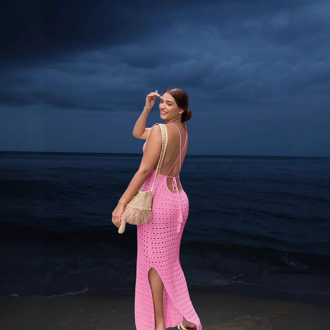 Damen Elegantes Strick-Maxikleid mit transparente Lochmuster Drune
