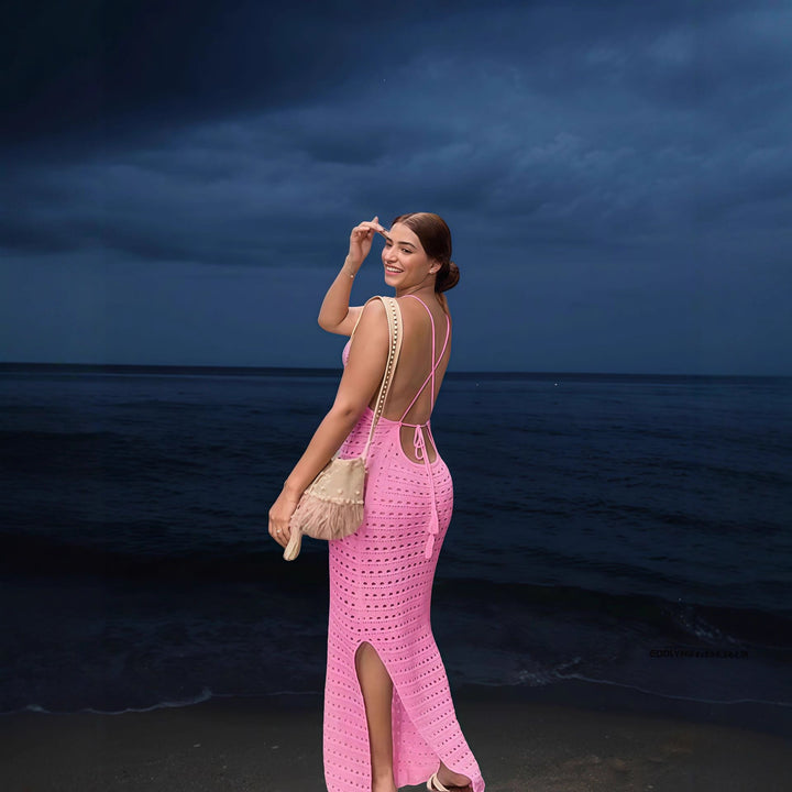 Damen Elegantes Strick-Maxikleid mit transparente Lochmuster Drune