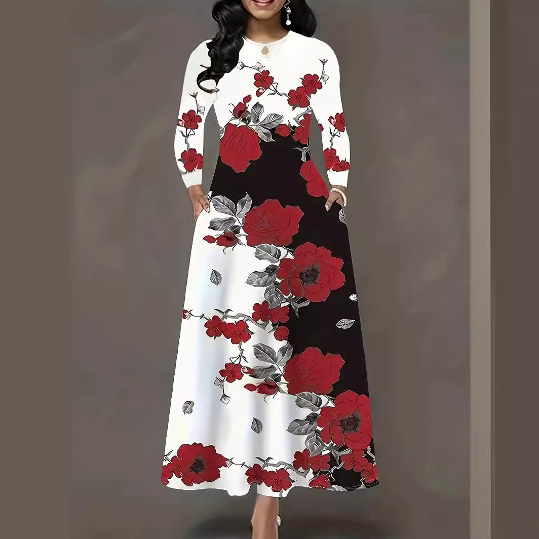 Damen Maxikleid mit floralem Allover-Print, A‑Linie, Langarm und Schlitzdetail Drune