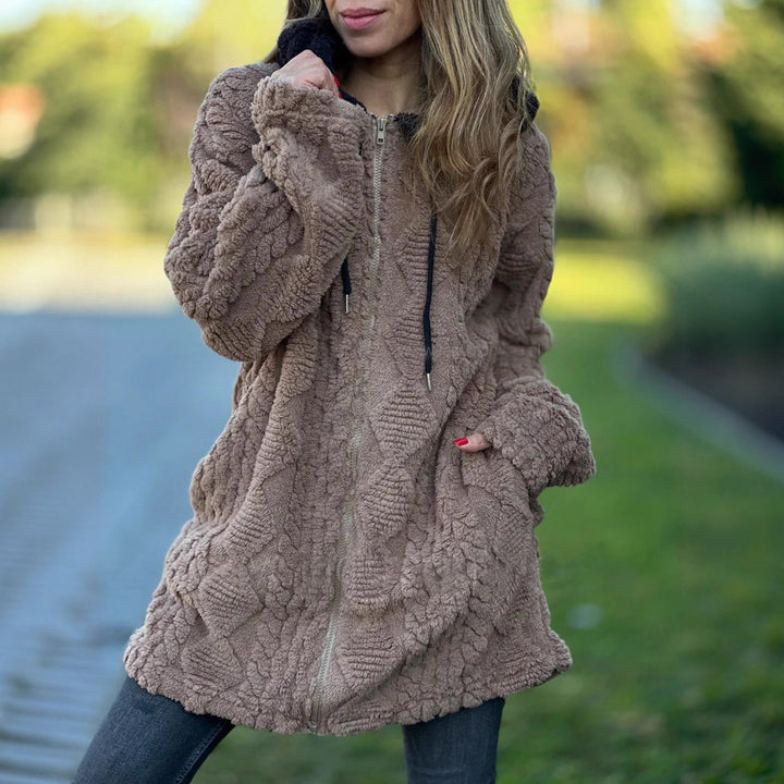 Damen nan oversized Teddy-Manteljacke mit Kontrastkapuze, Reißverschluss und Eingrifftaschen Drune