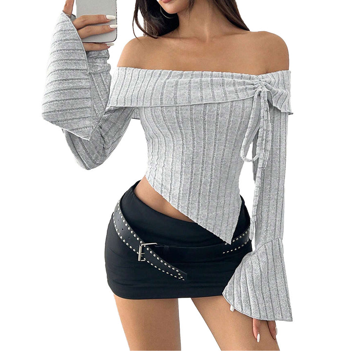Damen schulterfreies geripptes Asymmetrisches Cropped-Top mit Glockenärmeln und Binddetail Drune