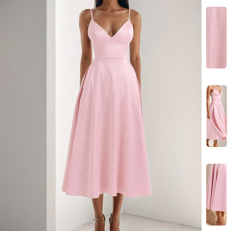 Damen Elegantes Maxikleid mit V-Ausschnitt und fließendem Rock Drune
