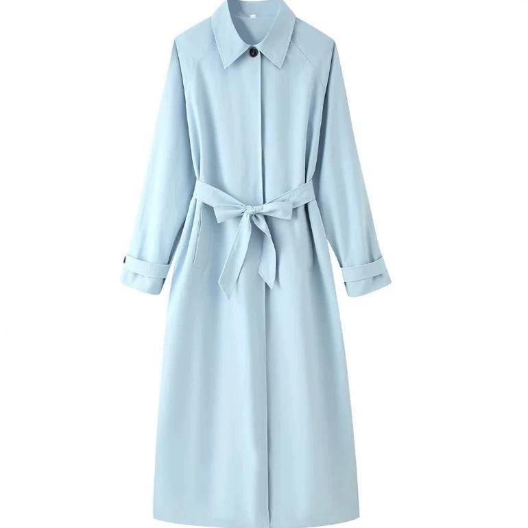 Damen Leichter knielanger Trenchcoat im Clean‑Look mit Bindegürtel und verdeckter Knopfleiste Drune