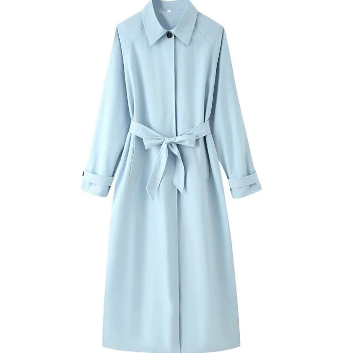Damen Leichter knielanger Trenchcoat im Clean‑Look mit Bindegürtel und verdeckter Knopfleiste Drune