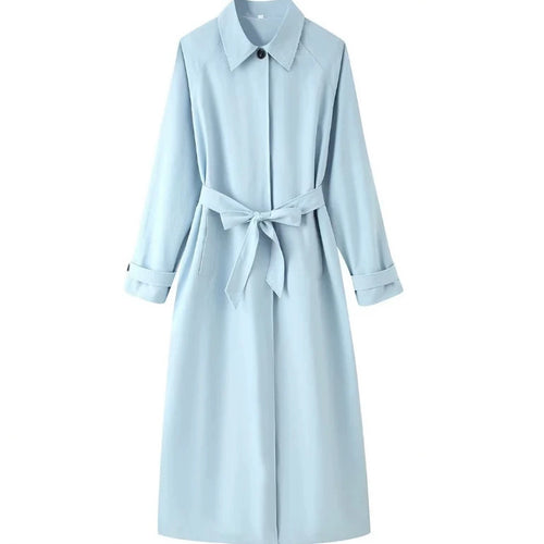 Damen Leichter knielanger Trenchcoat im Clean‑Look mit Bindegürtel und verdeckter Knopfleiste Drune