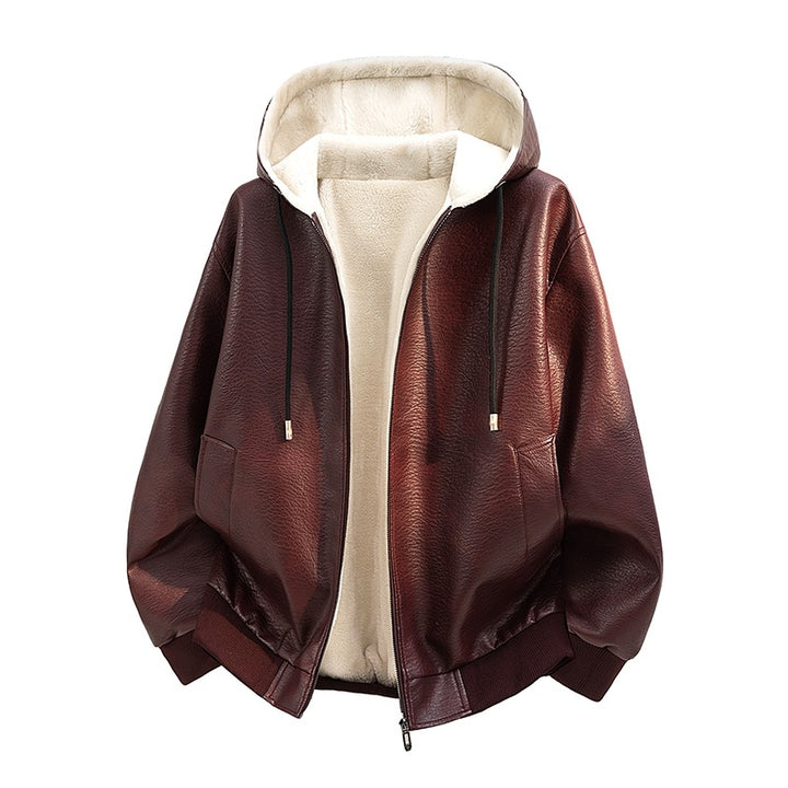 Herren Kapuzenjacke aus Leder mit Teddyfutter Drune