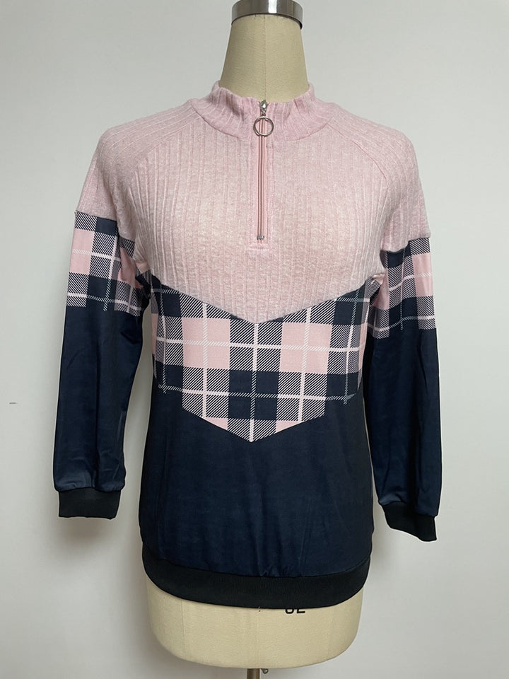 Damen nan weichgriffiger Sweatpullover mit Kurzreißverschluss, Stehkragen und Karopaneel Drune