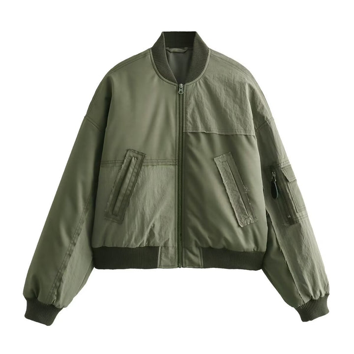 Damen Kurze Oversize-Bomberjacke mit Utility-Taschen und Rippbündchen Drune