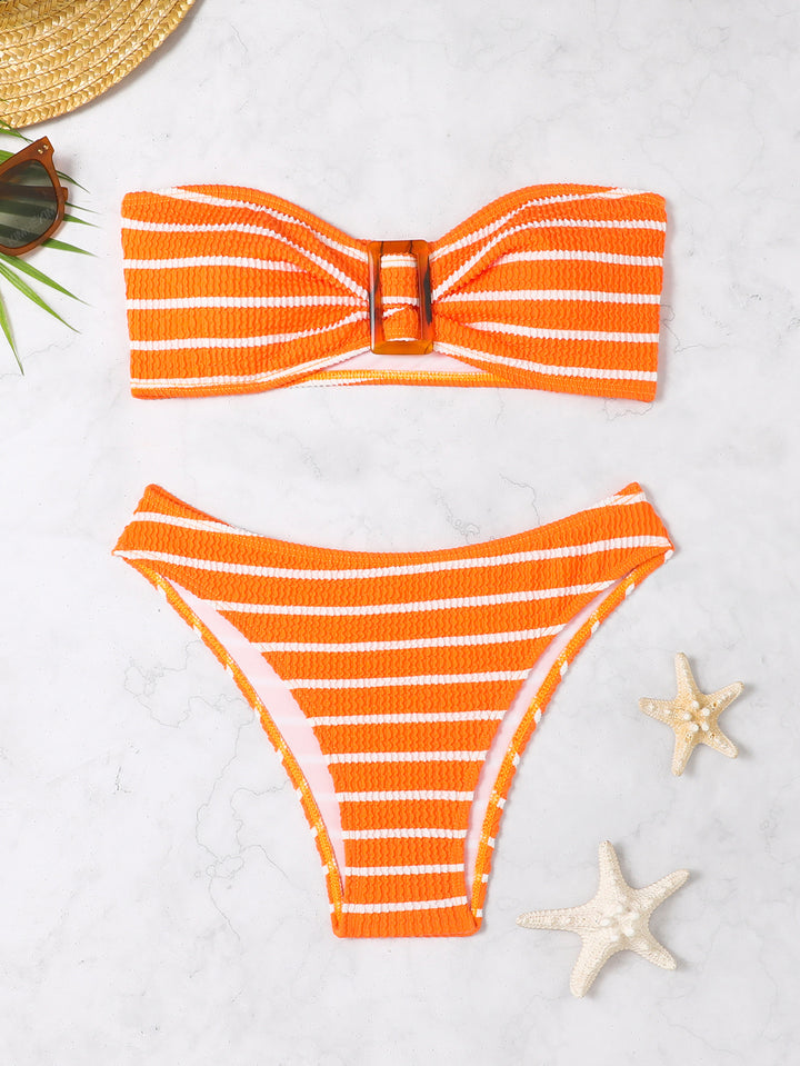 Damen Bandeau-Bikini mit modischem Streifenmuster und dekorativer Schnalle Drune