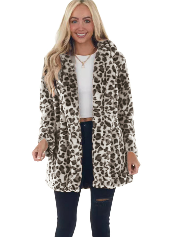 Damen Kunstfell Leopardenmuster Kapuzen Plüsch Mid-Length Mantel Drune