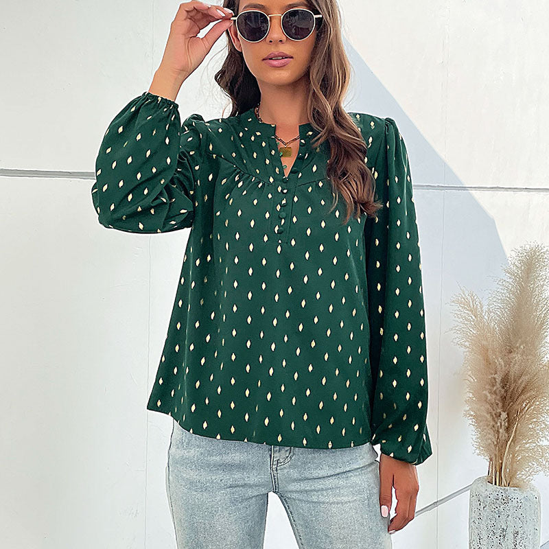 Damen Leichte Viskosebluse mit zartem Ikat‑Print, Stehkragen und dekorativer Knopfleiste Drune