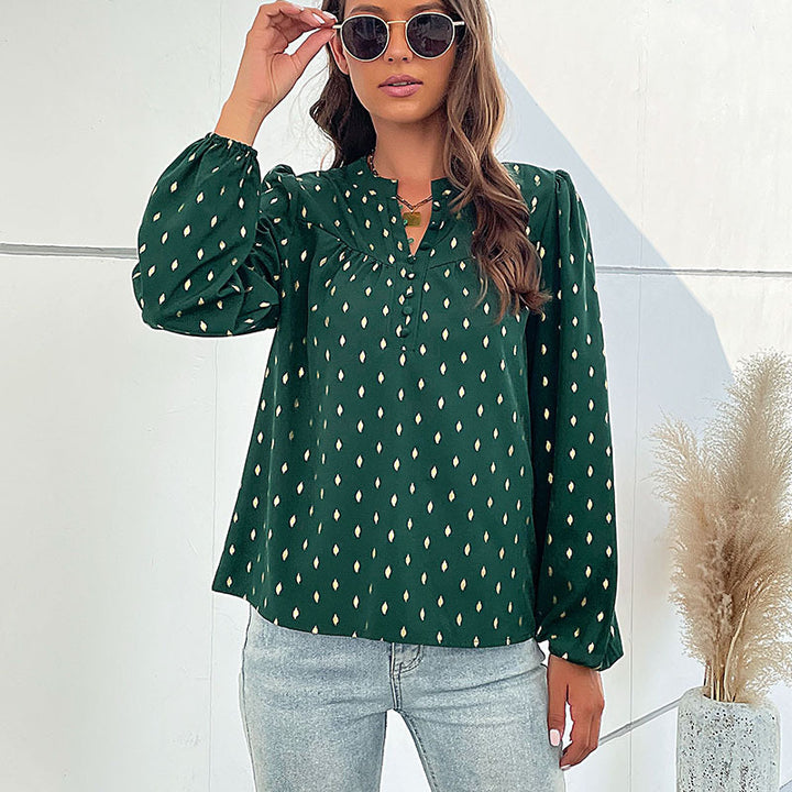 Damen Leichte Viskosebluse mit zartem Ikat‑Print, Stehkragen und dekorativer Knopfleiste Drune