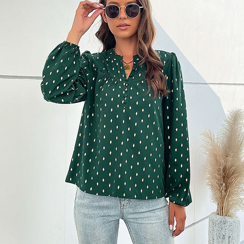 Damen Leichte Viskosebluse mit zartem Ikat‑Print, Stehkragen und dekorativer Knopfleiste Drune