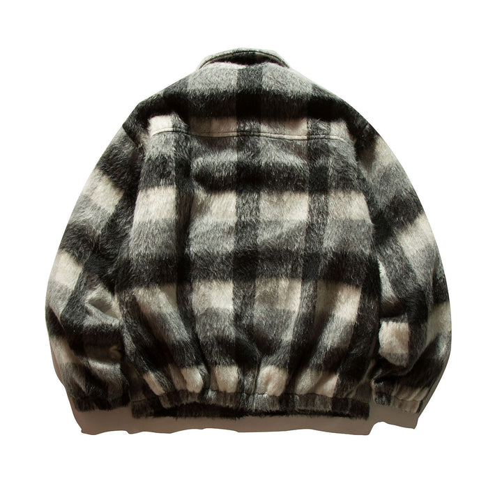 Unisex Kurz geschnittene karierte Fellimitat-Blousonjacke mit Stehkragen und verdecktem Reißverschluss Drune