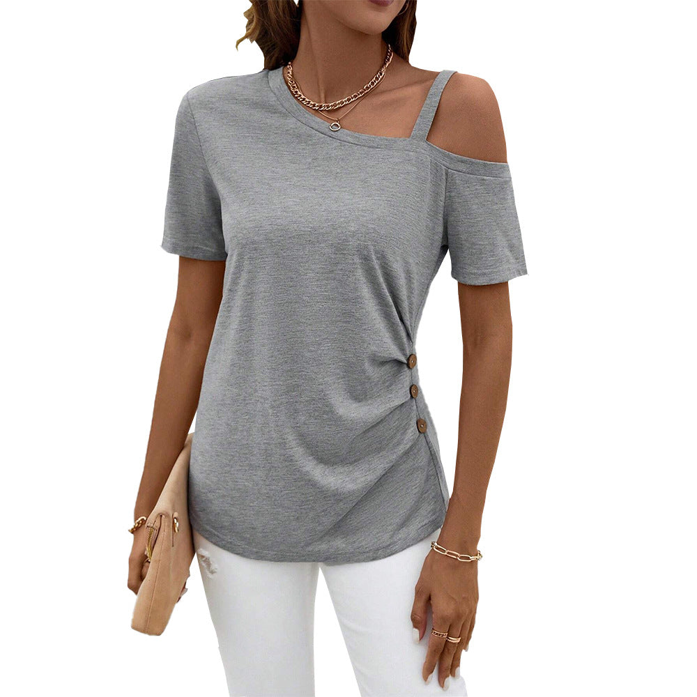 Damen asymmetrisches Oberteil mit kurzen Ärmeln und modischen Knopfdetails Drune