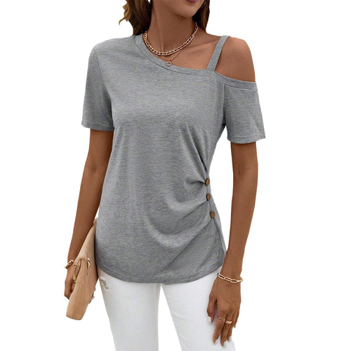 Damen asymmetrisches Oberteil mit kurzen Ärmeln und modischen Knopfdetails Drune