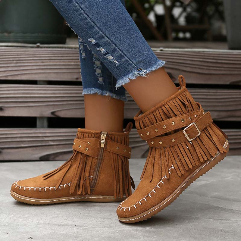 Drune | Boho Stiefelette Mit Fransen Und Schnallen Für Damen