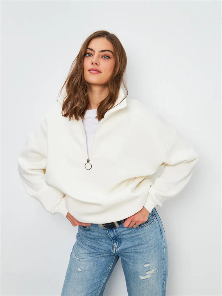 Damen Oversized Halbzip Sweater mit hohem Stehkragen und Rippbündchen Drune