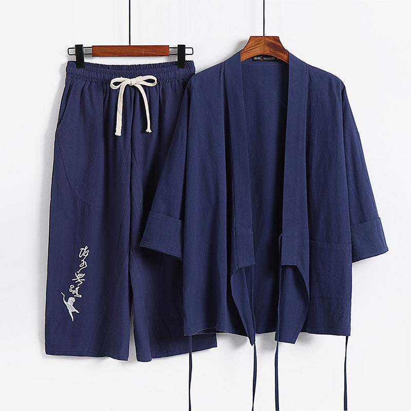 Unisex Leichtes Kimono-Loungewear-Set aus Baumwoll-Leinen mit bestickter Haremshose und Bindegürtel Drune