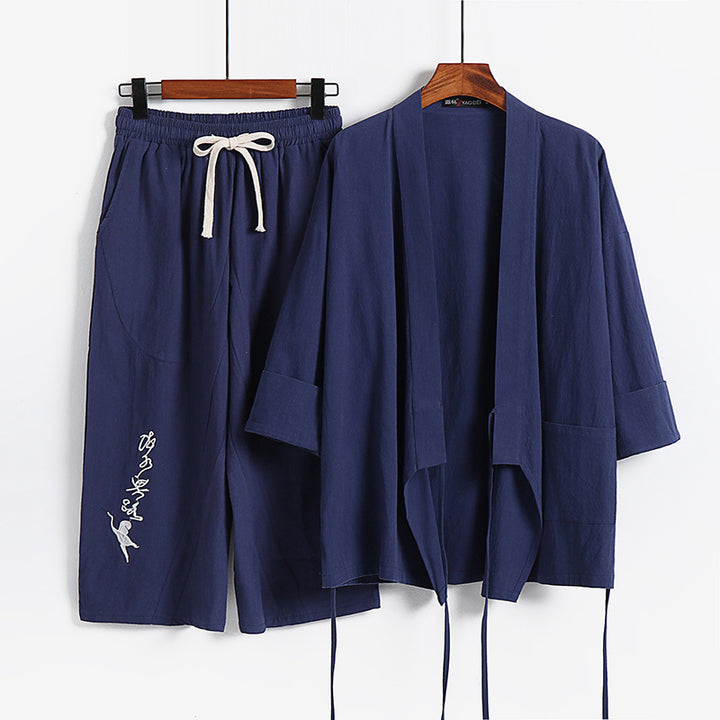 Unisex Leichtes Kimono-Loungewear-Set aus Baumwoll-Leinen mit bestickter Haremshose und Bindegürtel Drune