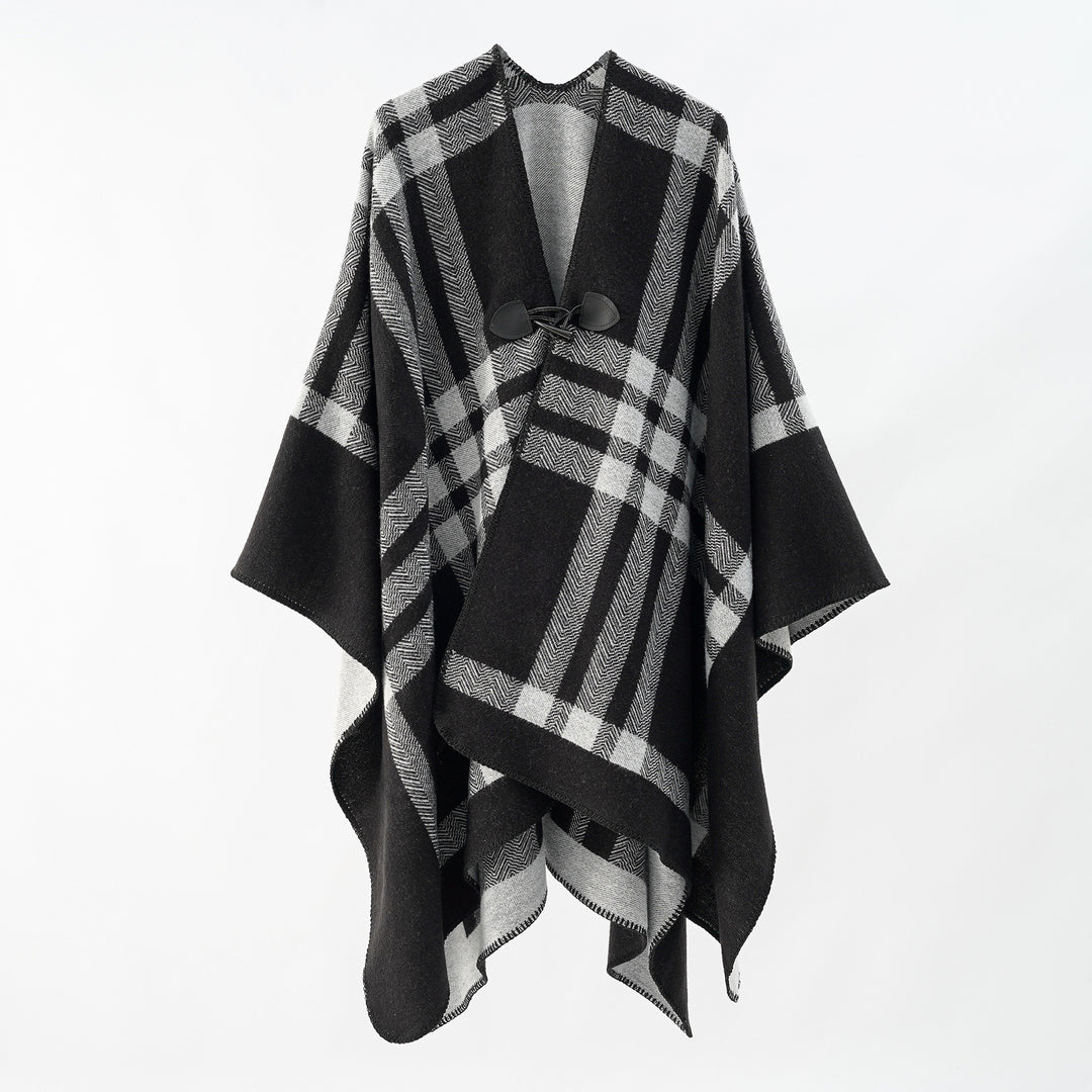 Damen Reversibler Wollmix-Poncho mit Knebelverschluss und Karomuster Drune