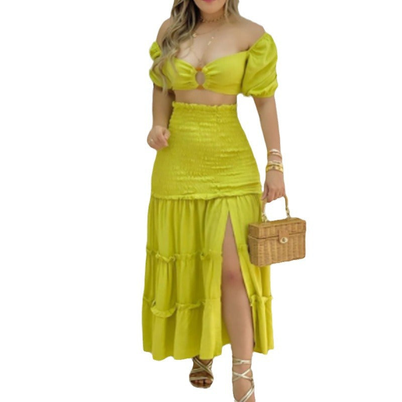 Damen Zweiteiliges Sommerkleid aus gecrashtem Stoff mit Puffärmeln und hohem Schlitz Drune