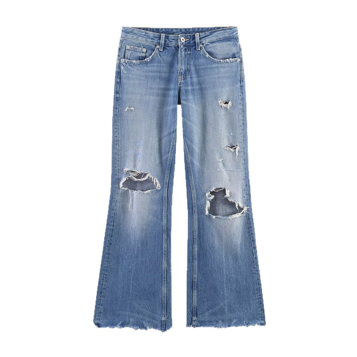 Damen High‑Waist Schlagjeans mit Destroy-Effekt und ausgefranstem Saum Drune