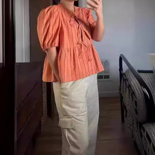 Damen Bluse mit Rüschen und Schleifenakzenten Drune