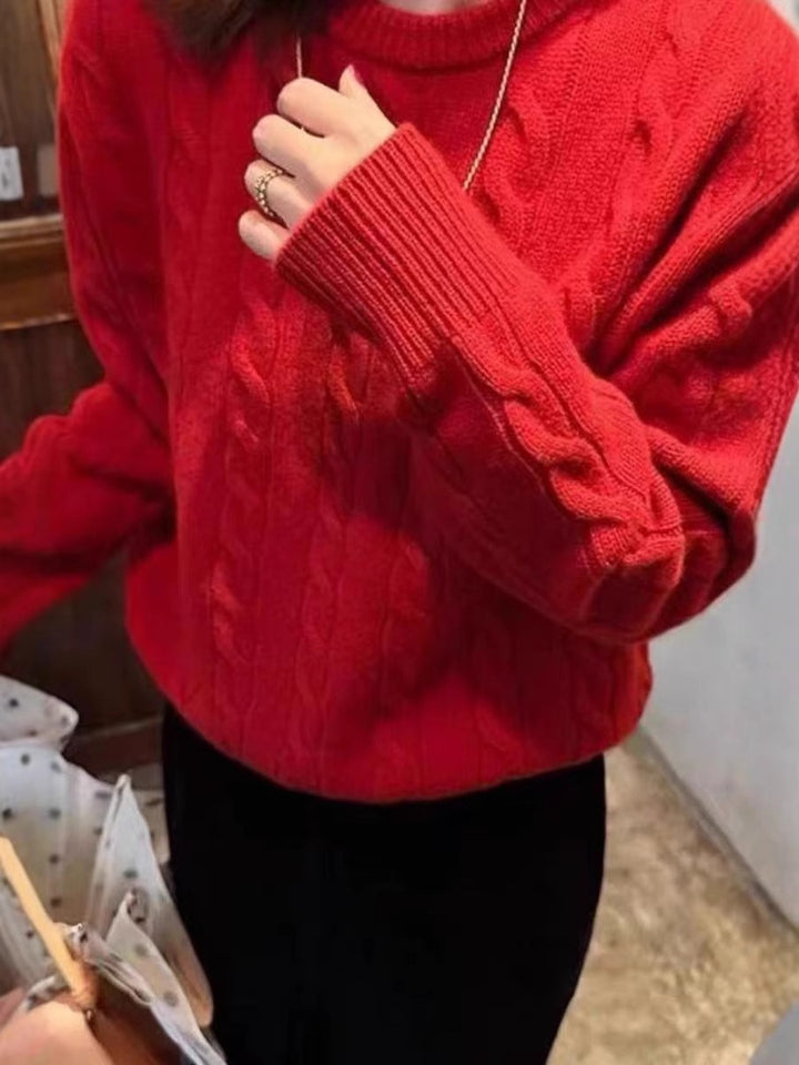 Damen Kastiger Kabelstrick‑Pullover mit Rundhals, extraweichem Wollmix und gerippten Bündchen Drune