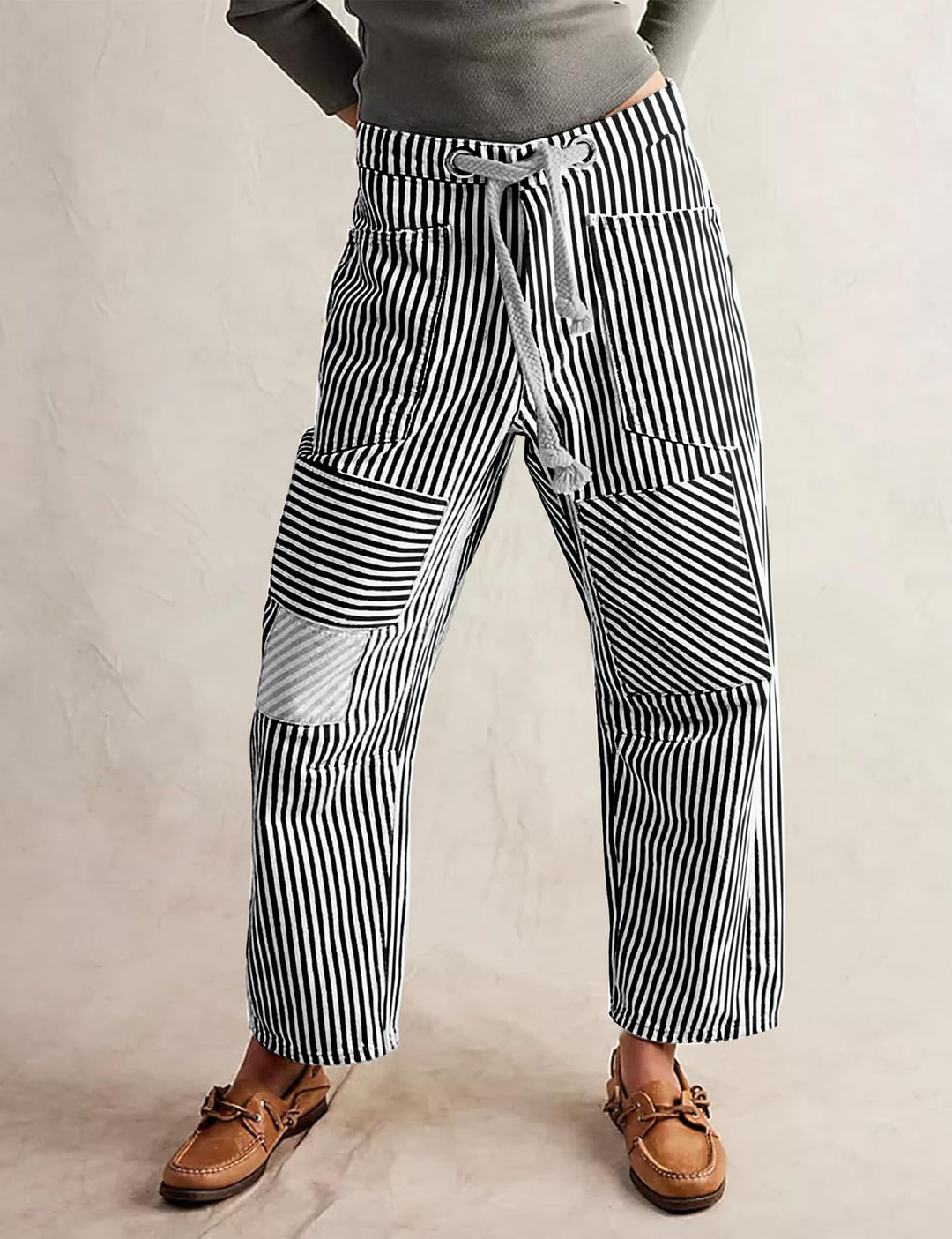 Damen nan lässige gestreifte Leinenhose mit Kordelzug und aufgesetzten Taschen Drune