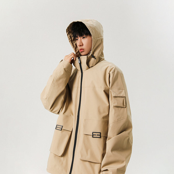 Herren Oversize Utility-Jacke mit technischer Softshell, Kapuze und Mehrfachtaschen Drune