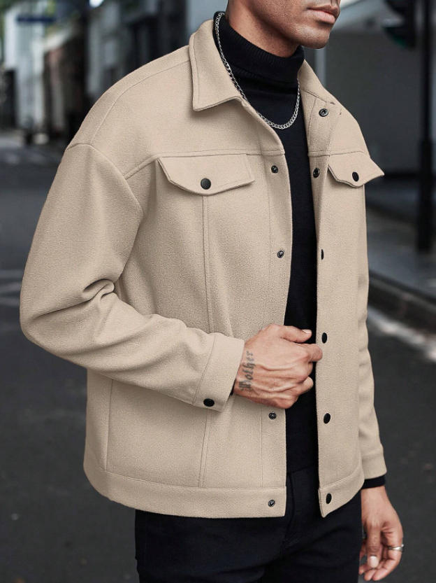 Herren nan Wolloptik-Overshirt Jacke im Shacket-Stil mit Brustklappen und Druckknopfleiste Drune