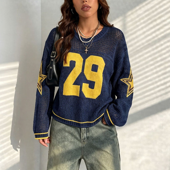 Damen Oversize Netz-Strick Cropped Pullover mit V-Ausschnitt Drune