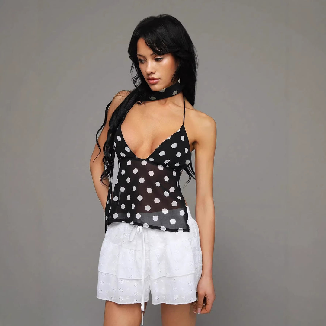 Damen Polka-Dot Oberteil mit dekorativem Halstuch und leichtem Stoff Drune