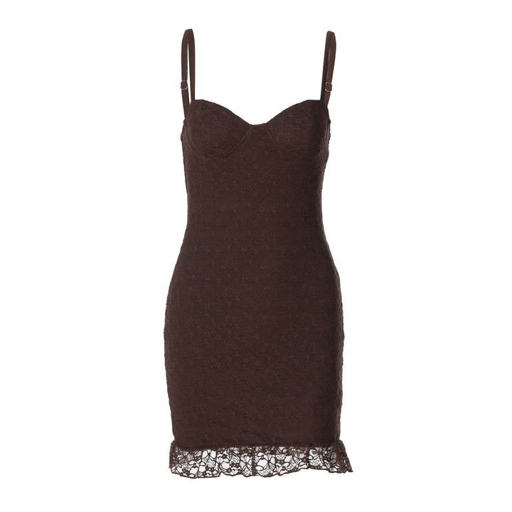 Damen figurbetontes Spitzenkleid mit verführerischem Bustier-Ausschnitt und dekorativem Saum Drune